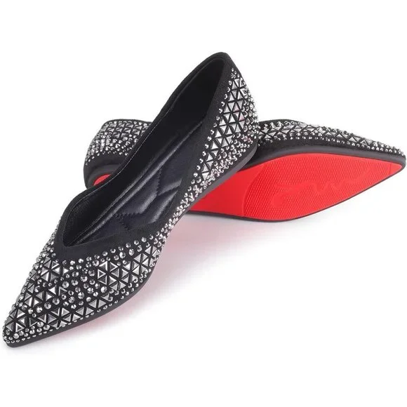 Women's Flat Comfortable Pointed Rhinestone Ballet Flats Soft Memory Foam Insole - Picture 2 of 6